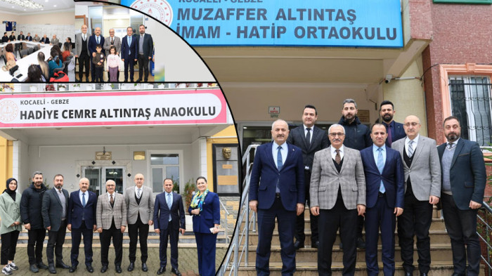  Kaymakam Özyiğit, işadamı Turgut ve Halit Altıntaş'la birlikte Muzaffer Altıntaş Ortaokulunu ziyaret etti